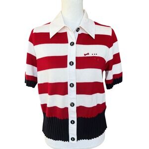 Lucia Vintage Red White Striped Knit Cardigan Short Sleeve Button Front Top 10